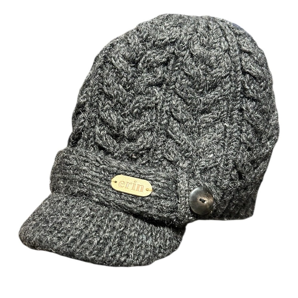 Erin Knitwear Ireland Wool Newsboy Cap Cable Knit Gray Visor Hat Cozy Cottagecor